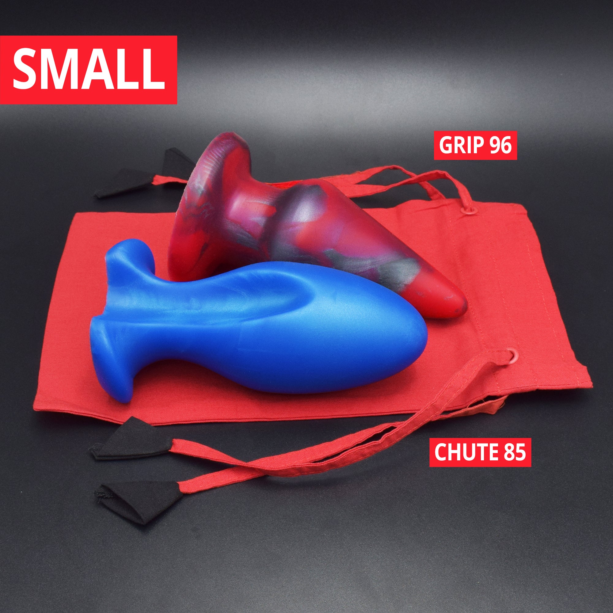 Small Topped Toys Bag with Grip 96 in Forge Red, and Chute 85 in Blue Steel